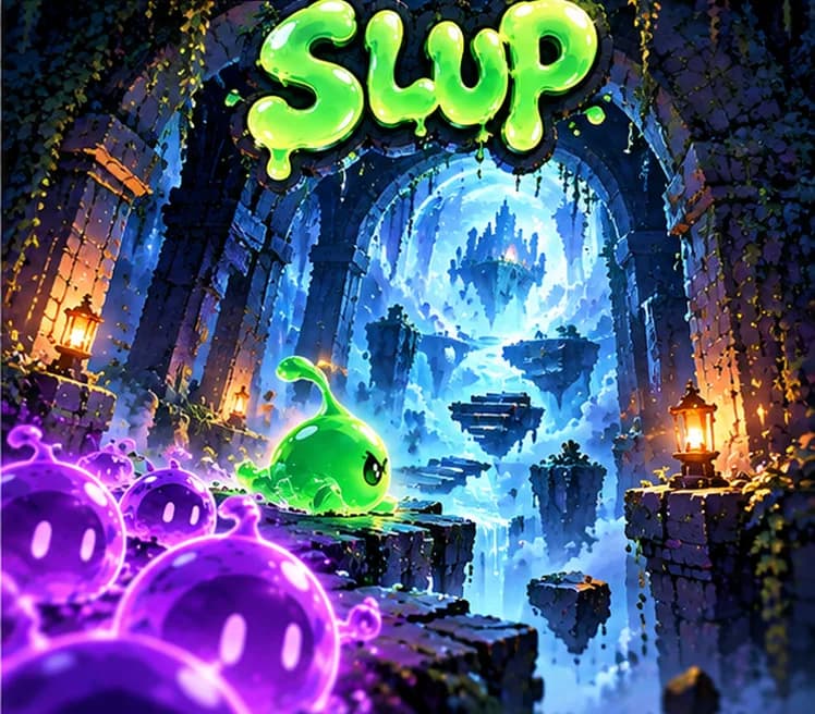 A green slime under a vine-covered stone archway, facing floating islands, with purple slimes nearby.