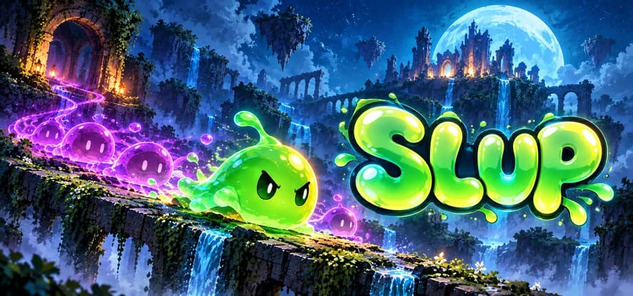 SLUP title art: the slime and its purple trail across a mossy bridge under a full moon.