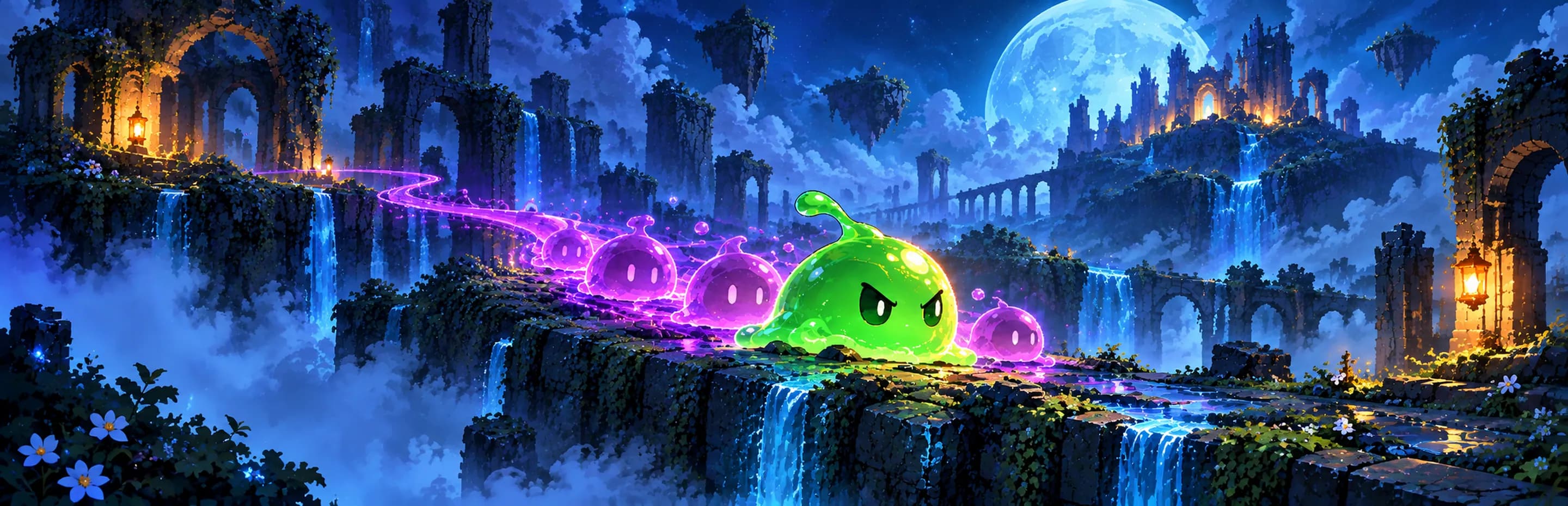 Moonlit floating ruins with a green slime trailed by purple slimes along a stone path.